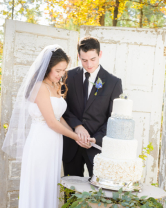 Cake Cutting Blue and White Vintage Wedding