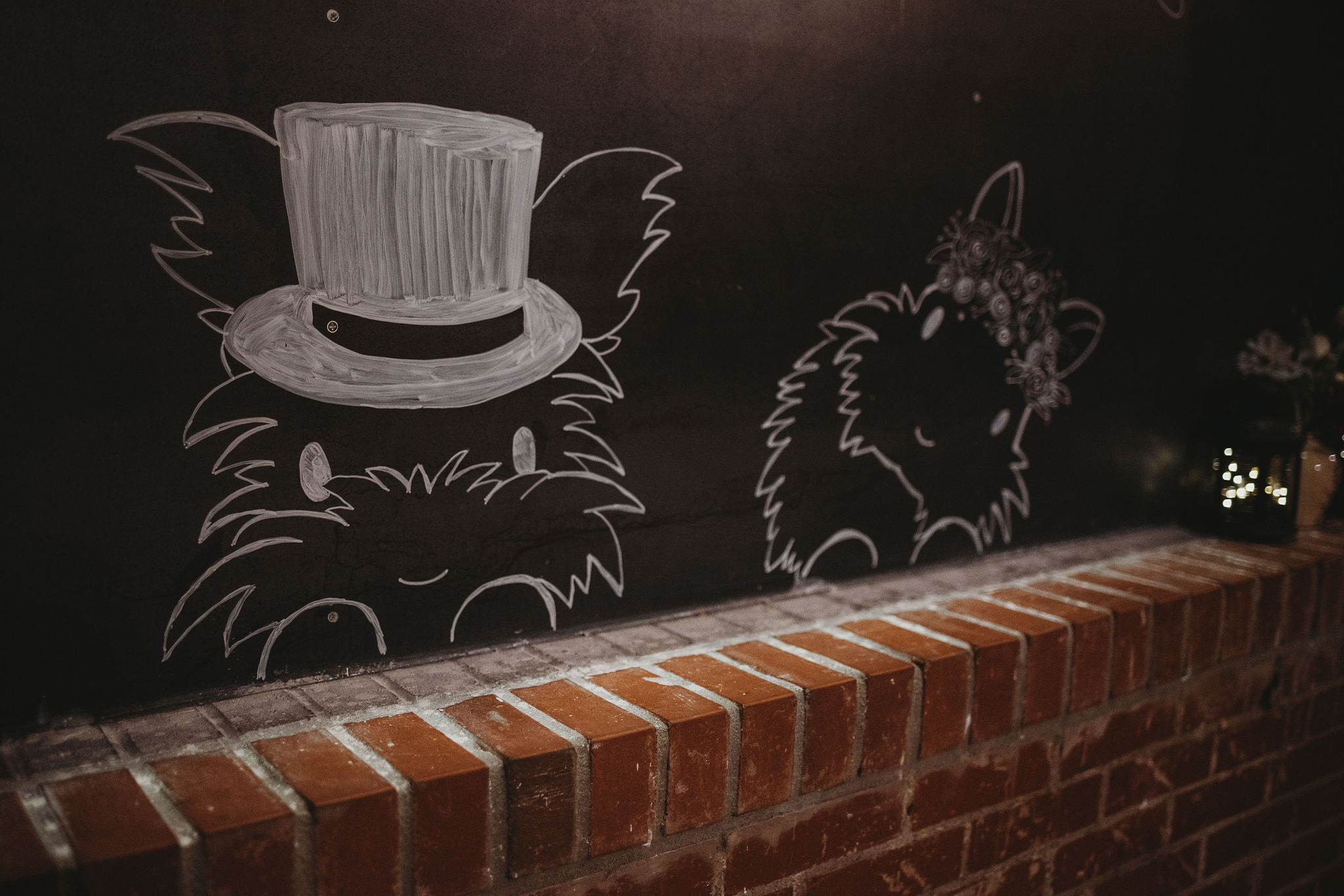 A chalk wall featuring two chalk rabbits, one wearing a top hat.