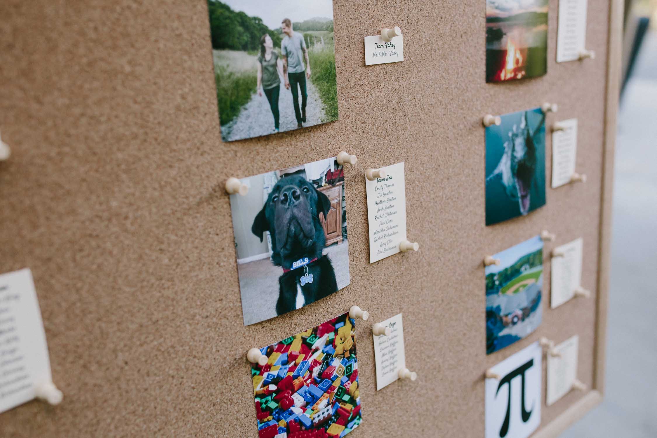 Close up on a bulletin board with a variety of photos tacked to it, alongside which there are lists of names.