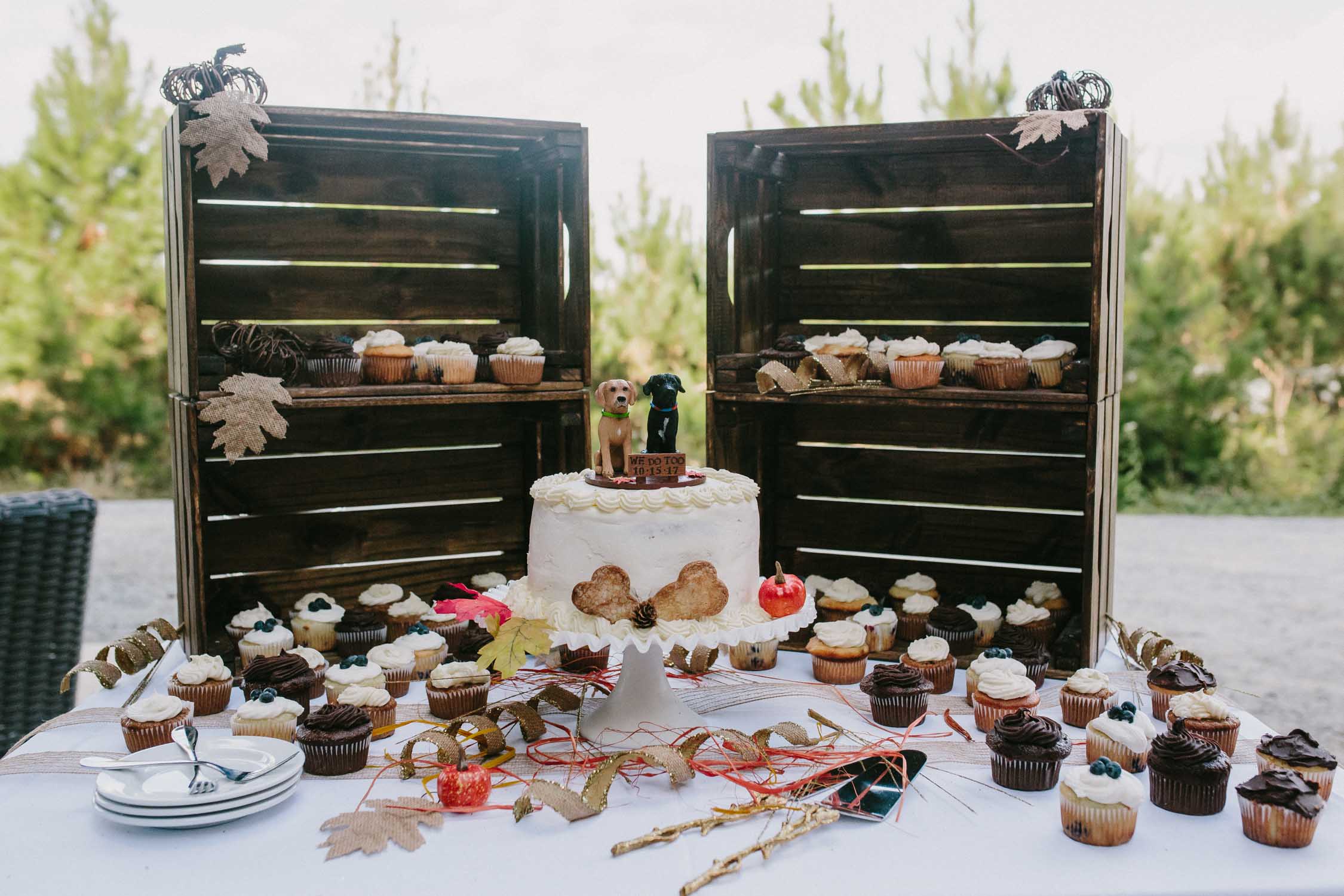A fall themed dessert table features 4 dark stained wooden crates holding cupcakes and fall leaves. In front of the crates sits a white, two tiered cake with 2 dog figurines on top.